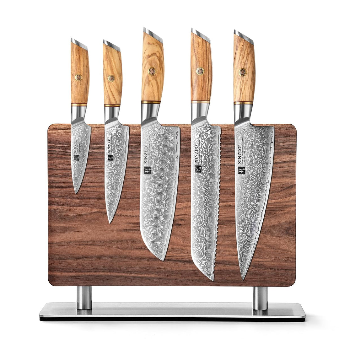 XINZUO 73 Schichten Damastpulverstahl 5-Teilig Chefmesser Set -Olivenholz Griff mit Walnussholz Mess