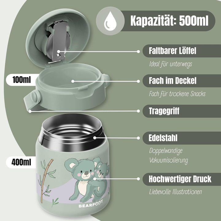 BEARFOOT Kinder Thermobehälter Edelstahl 500ml, BPA-frei (Koala - Grün) | Auslaufsicher, mit faltbar