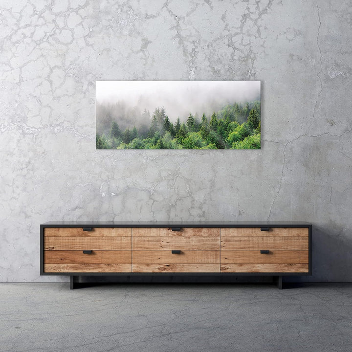 Glasbild Wald im Nebel Natur grün Landschaft 125x50 cm Modern Glasbilder Wohnzimmer Schlafzimmer Bad