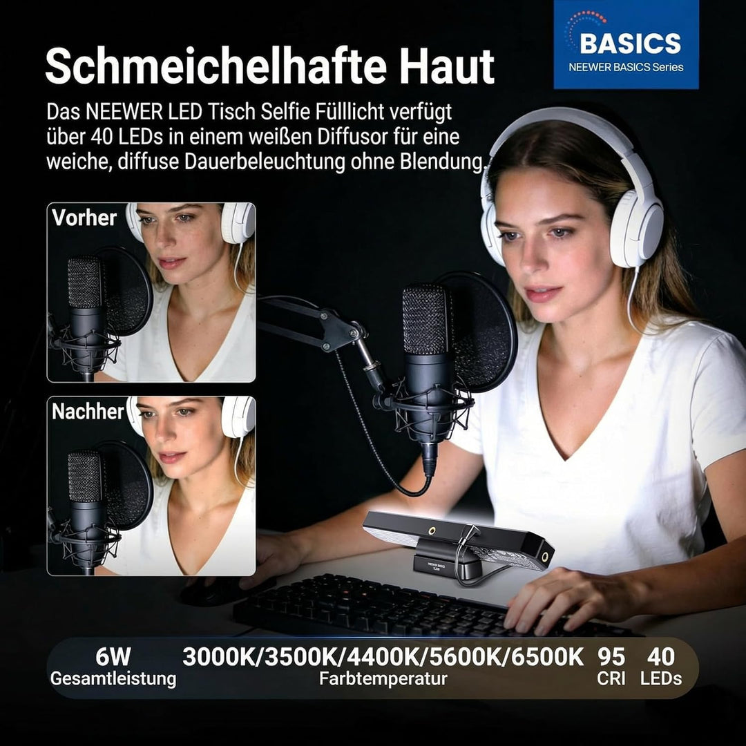 NEEWER Basics LED Kinn Fotolicht CRI95, 6W, zweifarbig, tragbares Tisch Selfie Licht, USB betrieben,