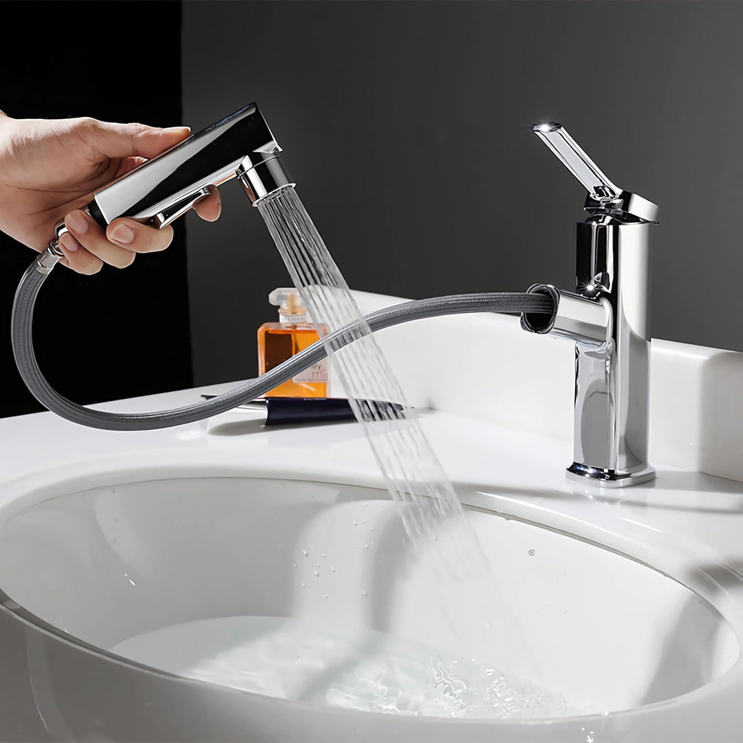 Wasserhahn Bad mit Ausziehbar Brause, Armatur Badezimmer mit 2 Strahlarten, Einhebelmischer Waschbec