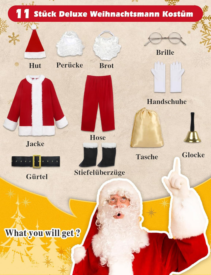 Boveco Weihnachts Weihnachtsmann Kostüm für Herren und Erwachsene, 11-teilig, Deluxe Samtanzug Outfi