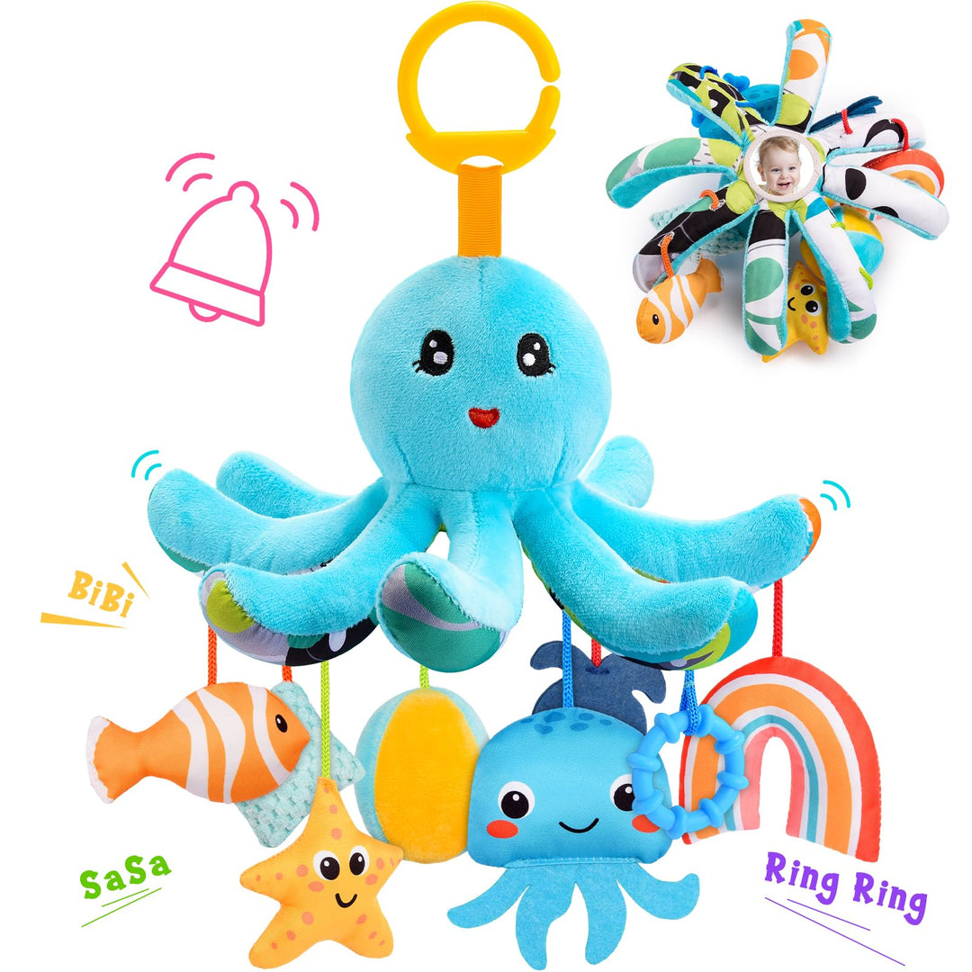 Plüsch Oktopus Baby Spielzeug 0-18 Monate – mit 8 hängenden Sensory-Spielzeugen & Spiegel– Baby Mont