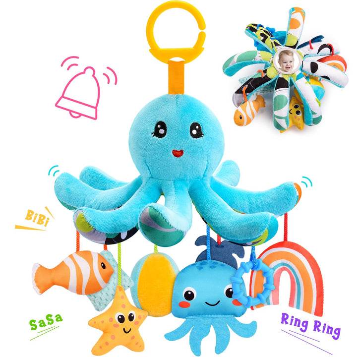Plüsch Oktopus Baby Spielzeug 0-18 Monate – mit 8 hängenden Sensory-Spielzeugen & Spiegel– Baby Mont