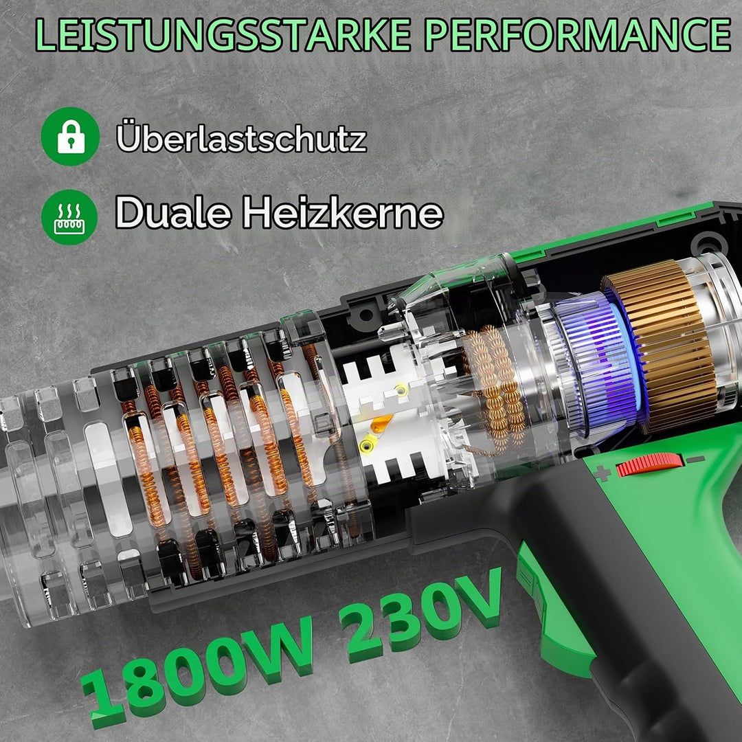 1800W Heissluftfön - Erwärmt in 1,5 s, 50°C-650°C, 2 Geschwindigkeiten &amp; Überhitzungsschutz, mit Sch