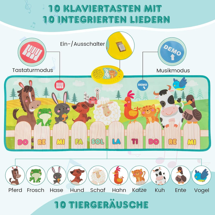 COSTWAY Musikmatte Kinder, Klaviermatte mit 10 Tierstimmen & 10 Klavierton, Keyboard Tanzmatte mit 1