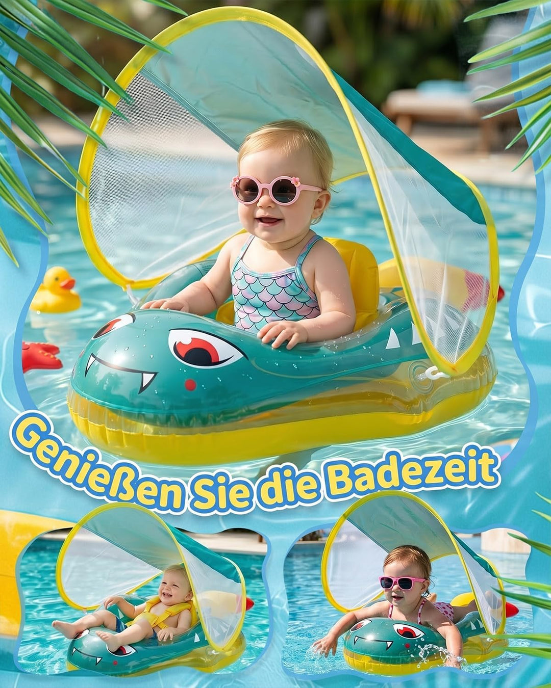 Baby Schwimmring mit UPF50+ Sonnendach Entfernbar, Premium Baby Float, Schwimmhilfe verstellbare Sch