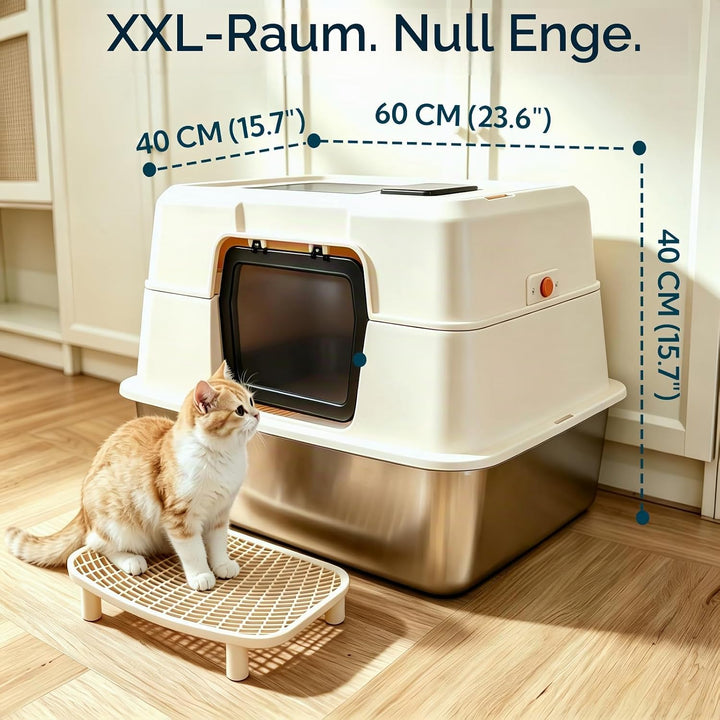 Geschlossene Edelstahl Katzentoilette, Extra Gross mit Vorder- &amp; Topfeinstieg, Geruchsdicht – inkl.