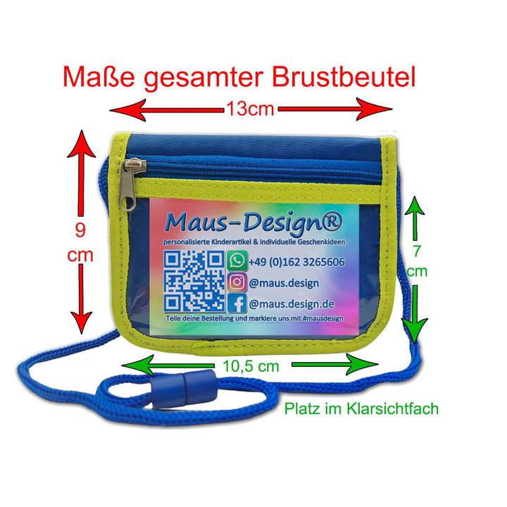 Kinder Brustbeutel mit Name und Schriftartwahl | Klettverschluss mit Schnur zum Umhängen und Klarsic