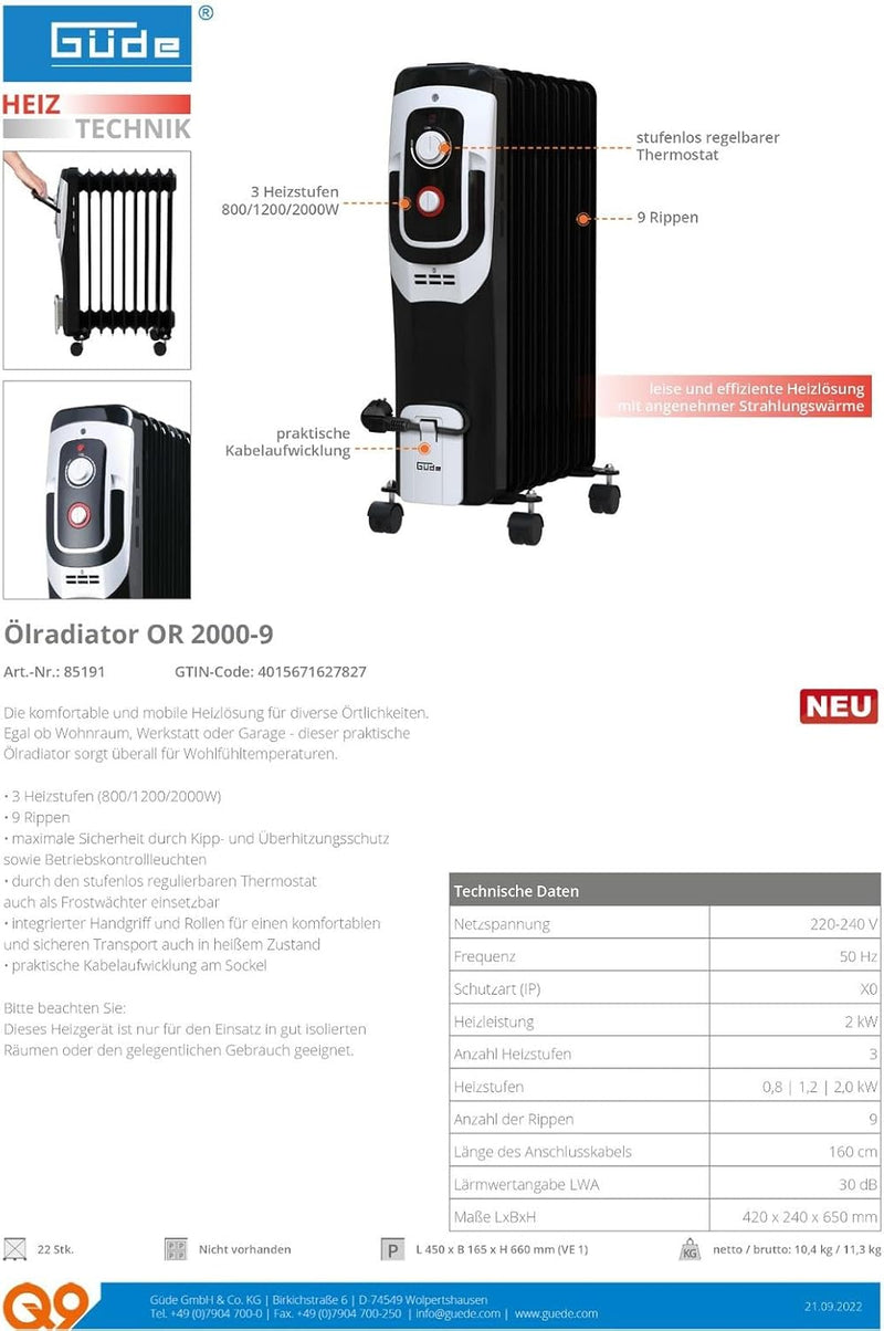 Güde 85191 Ölradiator OR 2000-9 (220-240 V, 2000 W Heizleistung, 3 Heizstufen (800/1200/2000 W), 9 R