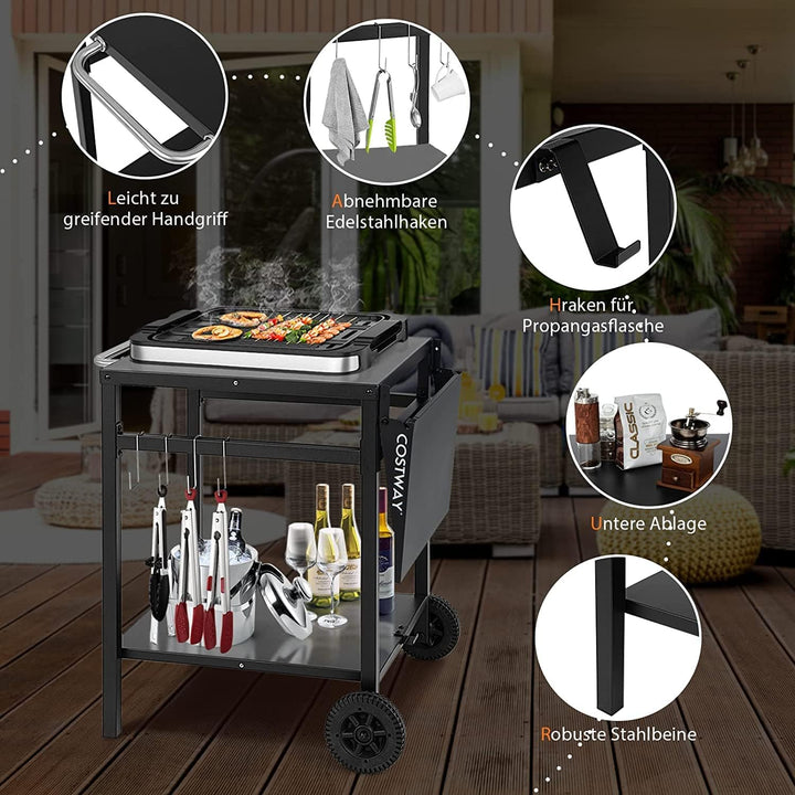 COSTWAY Grillwagen mit klappbarer Tischplatte, Beweglicher Campingtisch mit 2 Ablagen & 4 Haken, Met