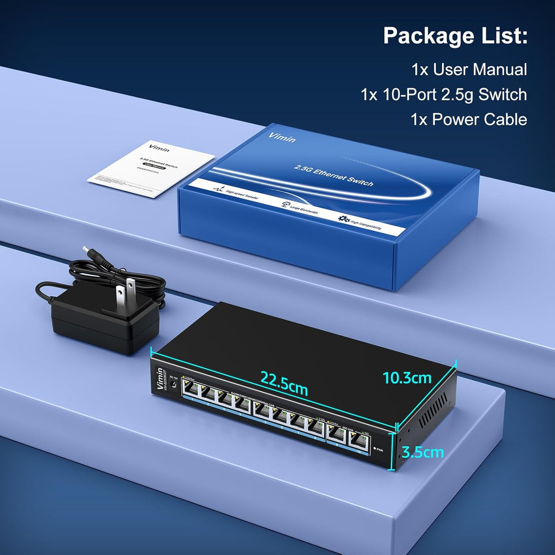 10 Port 10G/2.5G Ethernet-Switch mit Dual 10GBASE-T, Vimin 8x 2.5G + 2 x 10Gb RJ45 Ports Unmanaged S
