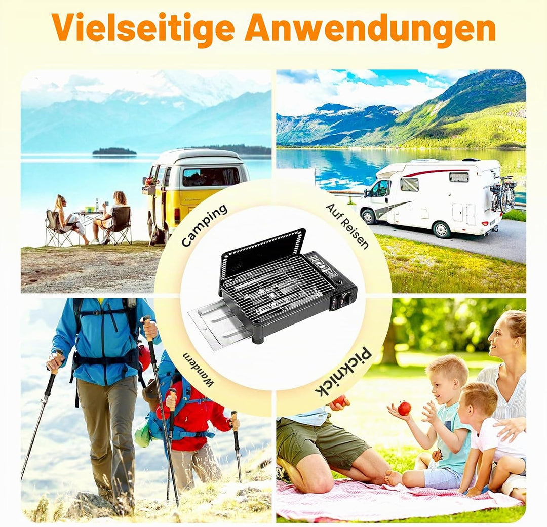 2-in-1 Tragbarer Camping Grill Gasherd, Tragbarer Butan Gasherd mit Grillzubehör Set, Gas Grill Herd