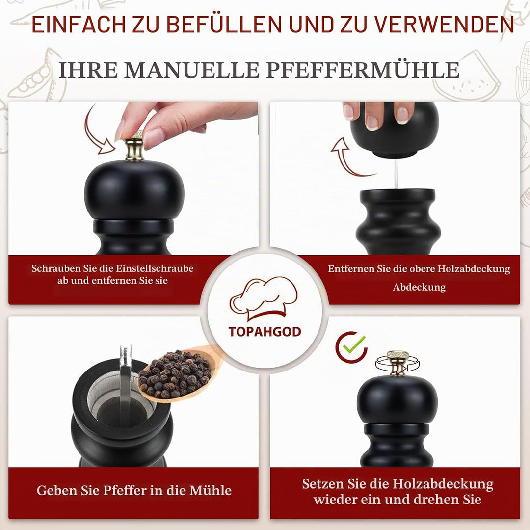 Salz und Pfeffermühle 2er Set - Gewürzmühle Gross mit Verstellbarem Keramikmahlwerk | Pfeffermühlen