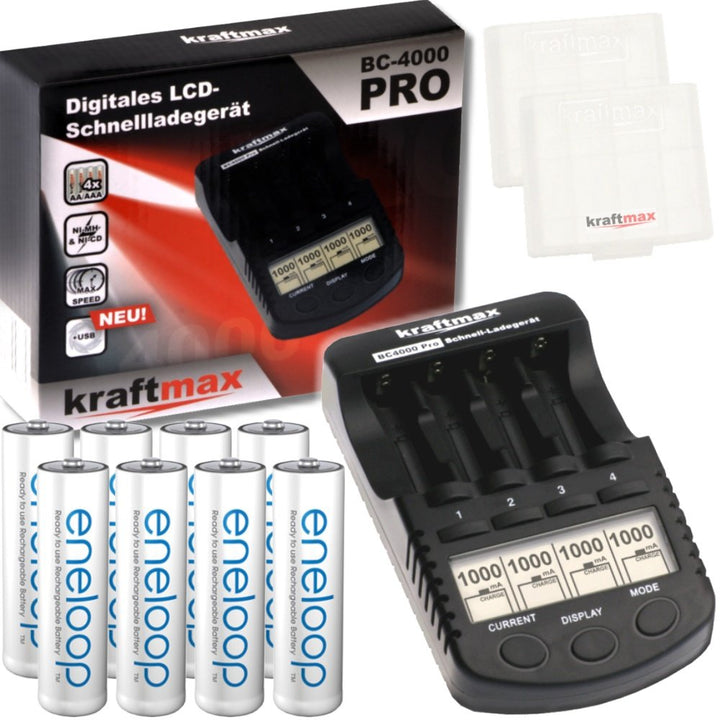 Kraftmax Kombipack - Kraftmax BC-4000 Pro Ladegerät und 8X Pansonic Eneloop AA/Mignon Akkus - Neuest