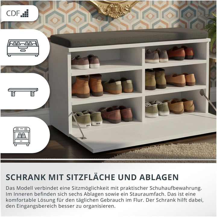 CDF Schuhschrank mit Sitzbank Sitzkissen Flurbank Schuhkommode Garderobenbank mit Kipptür 6 Fächer F