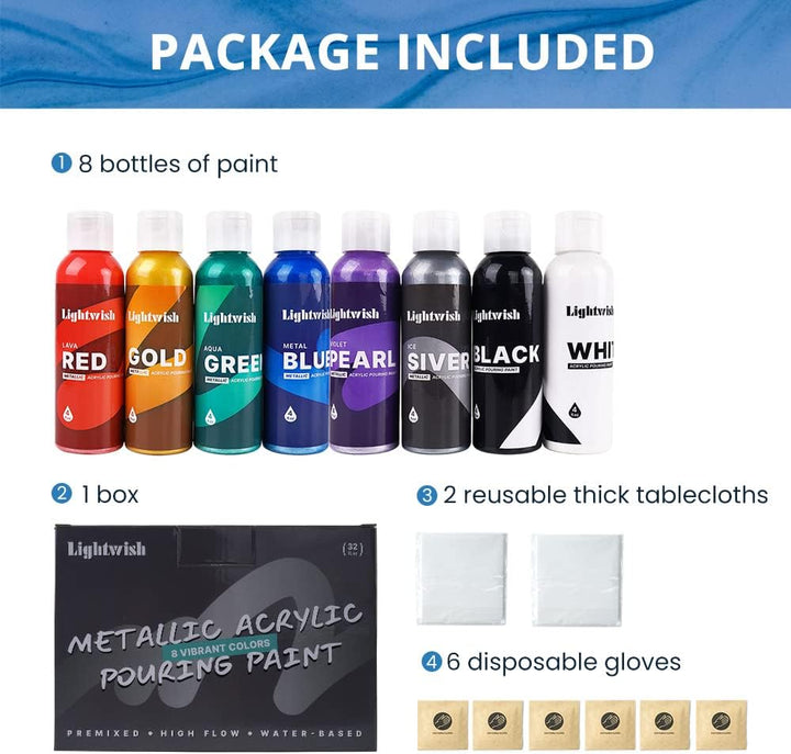 LIGHTWISH Metallic Pouring Acrylfarben Set, 8 schillernde Farben, 118 ml Flaschen, vorgemischte Acry