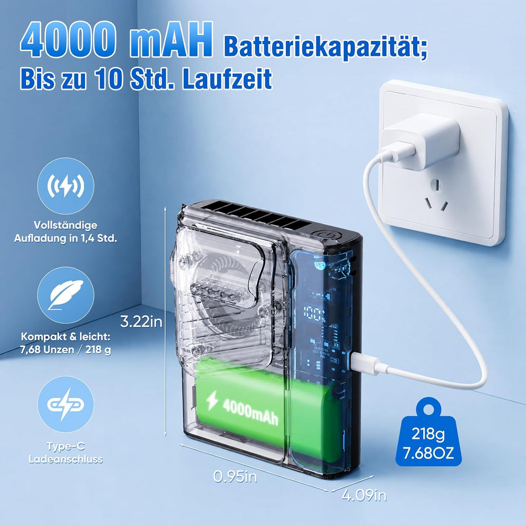 Tragbarer Taillen Clip Ventilator - 4000mAH Schwarz Aufladbar, 10000RPM, Tshirt Ventilator mit LED-D