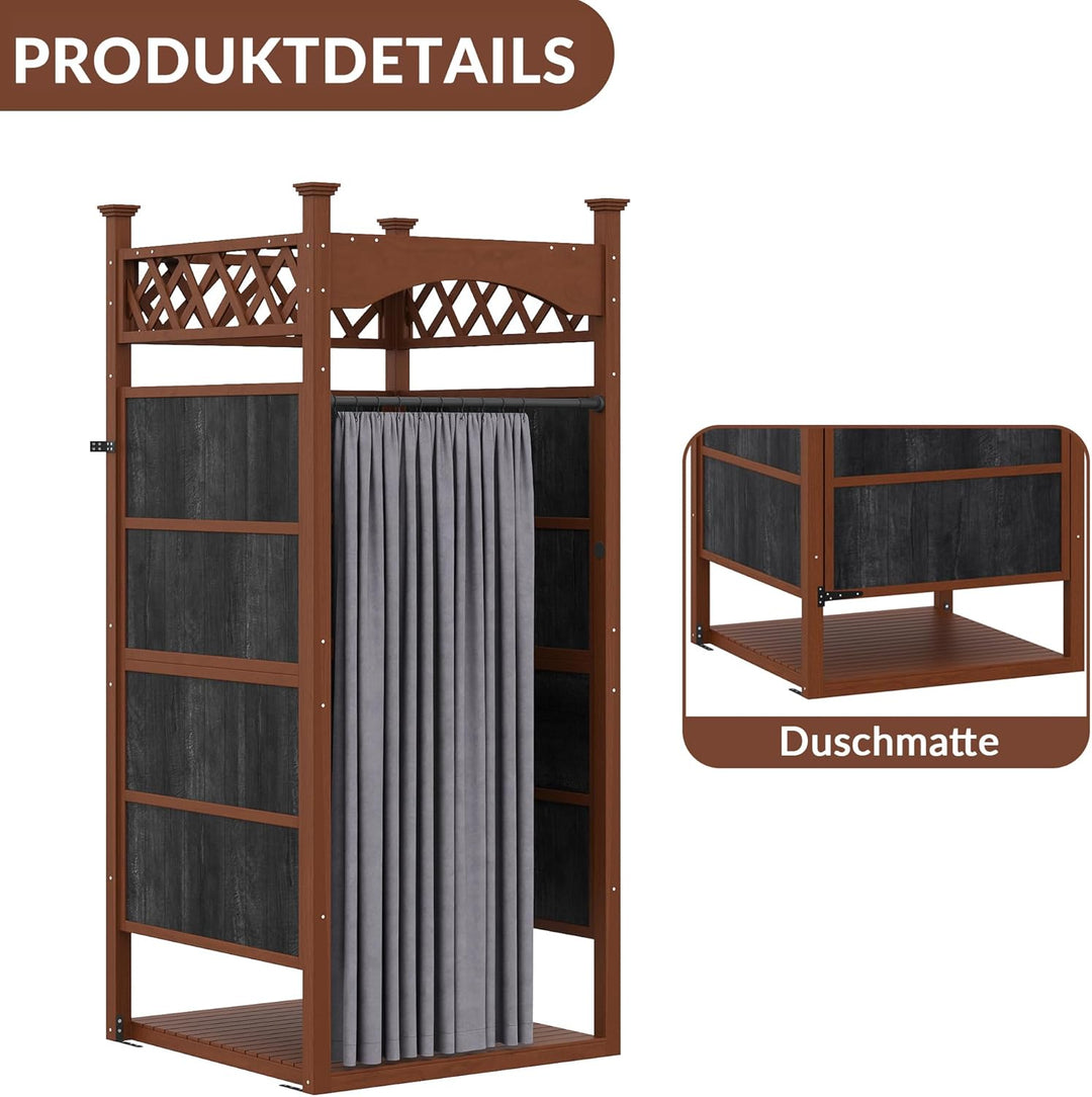 Gartendusche Outdoor Dusche aus Massivholz, Duschkabine & Umkleidekabine mit Duschvorhang & Bodenmat