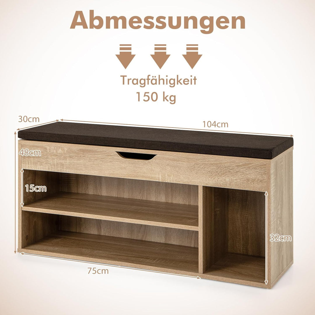 COSTWAY Schuhbank mit Sitzfläche und Stauraum, 104 x 30 x 48 cm, Garderobenbank Schuhregal Holz, Sch
