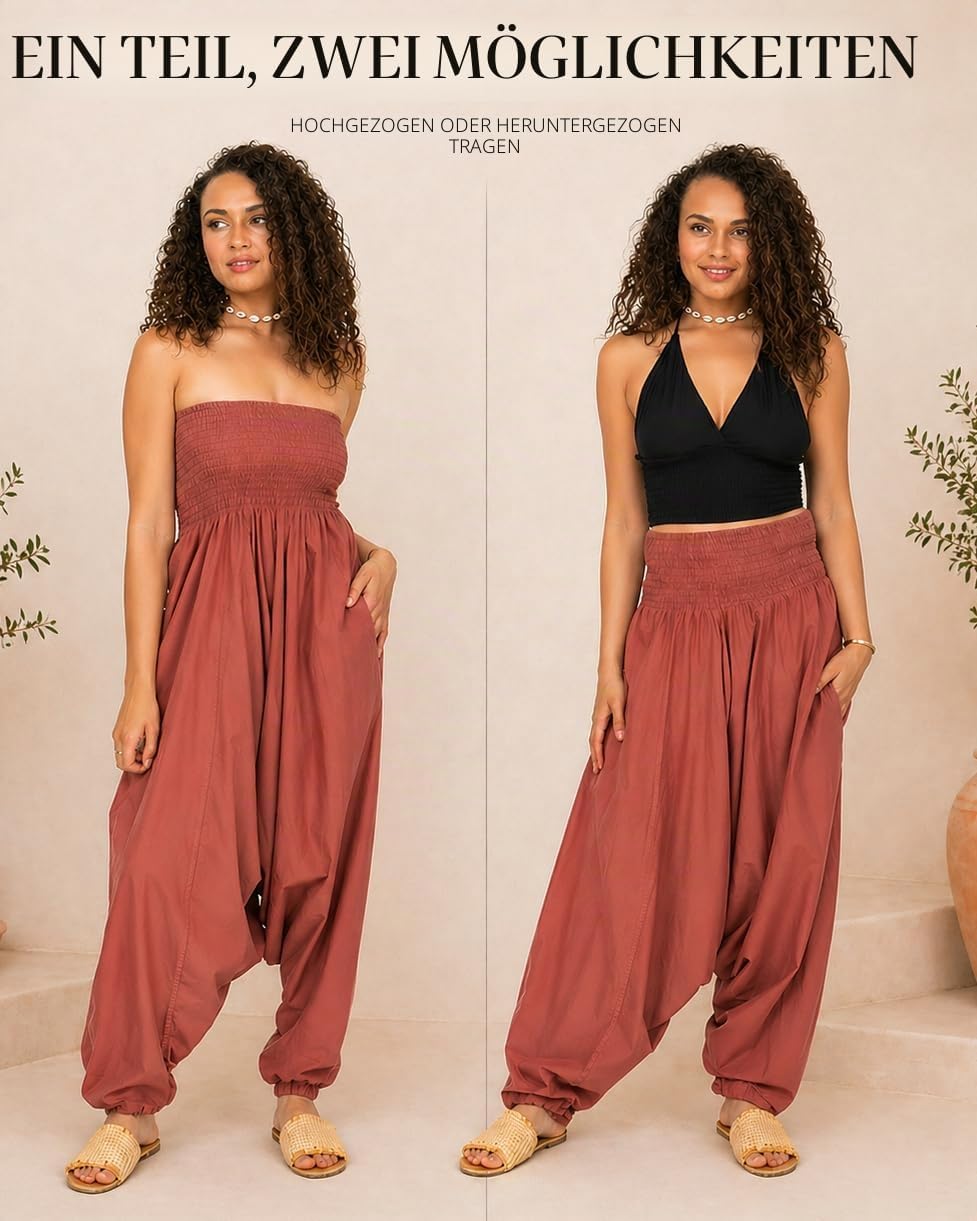 likemary Jumpsuit Damen Sommer – 2-in-1 Baumwoll Einteiler & Haremshose mit Taschen – Luftige Boho P