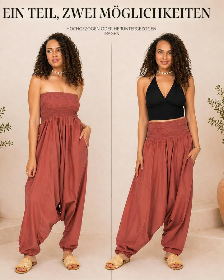 likemary Jumpsuit Damen Sommer – 2-in-1 Baumwoll Einteiler & Haremshose mit Taschen – Luftige Boho P