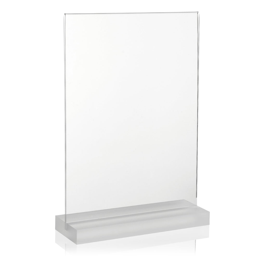 DIN A4 Werbeaufsteller mit massiver, satinierter PLEXIGLAS® Basis/T-Ständer/T-Aufsteller als Tischau