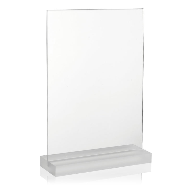 DIN A4 Werbeaufsteller mit massiver, satinierter PLEXIGLAS® Basis/T-Ständer/T-Aufsteller als Tischau