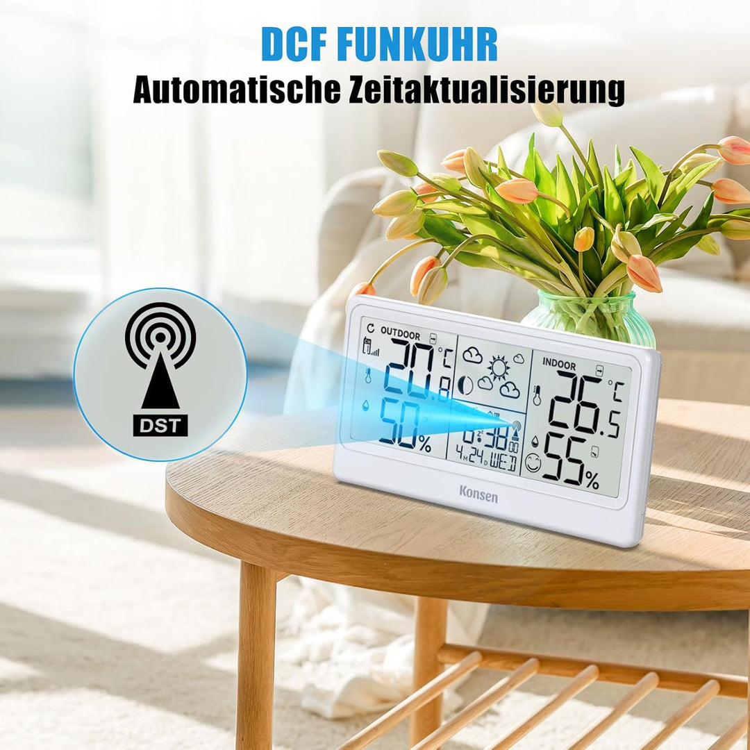 Funk-Wetterstation mit Aussensensor – DCF Funkuhr, Digitales Thermo-Hygrometer (Batteriebetrieb) für