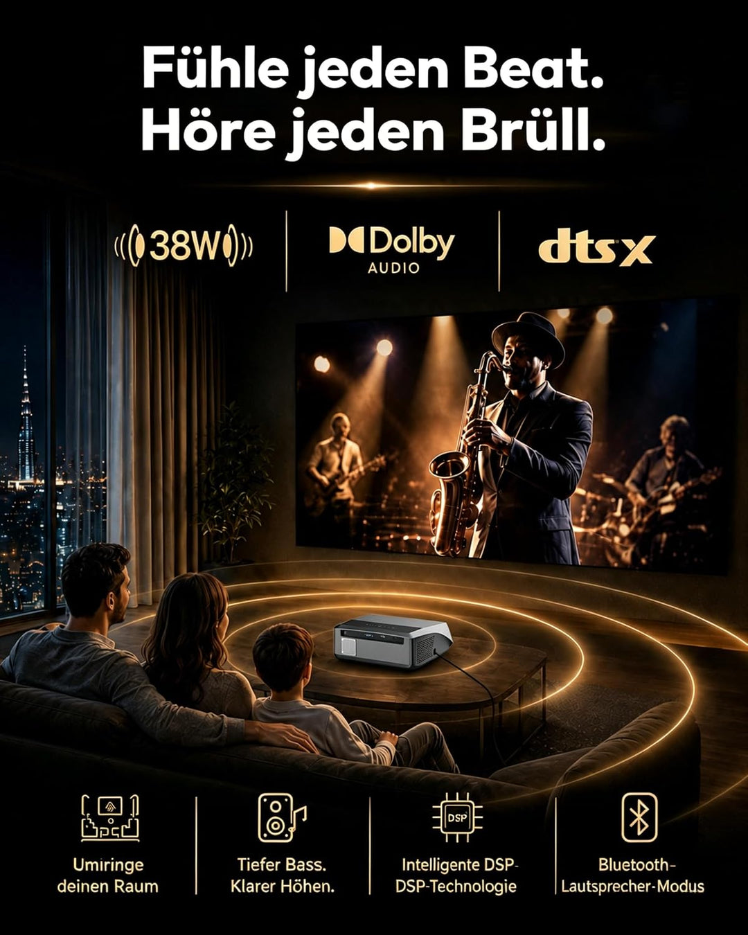 Beamer 4K Heimkino 2300 ANSI Tageslicht Beamer mit WiFi6, Bluetooth5.2, Autofokus Full HD LED Smart