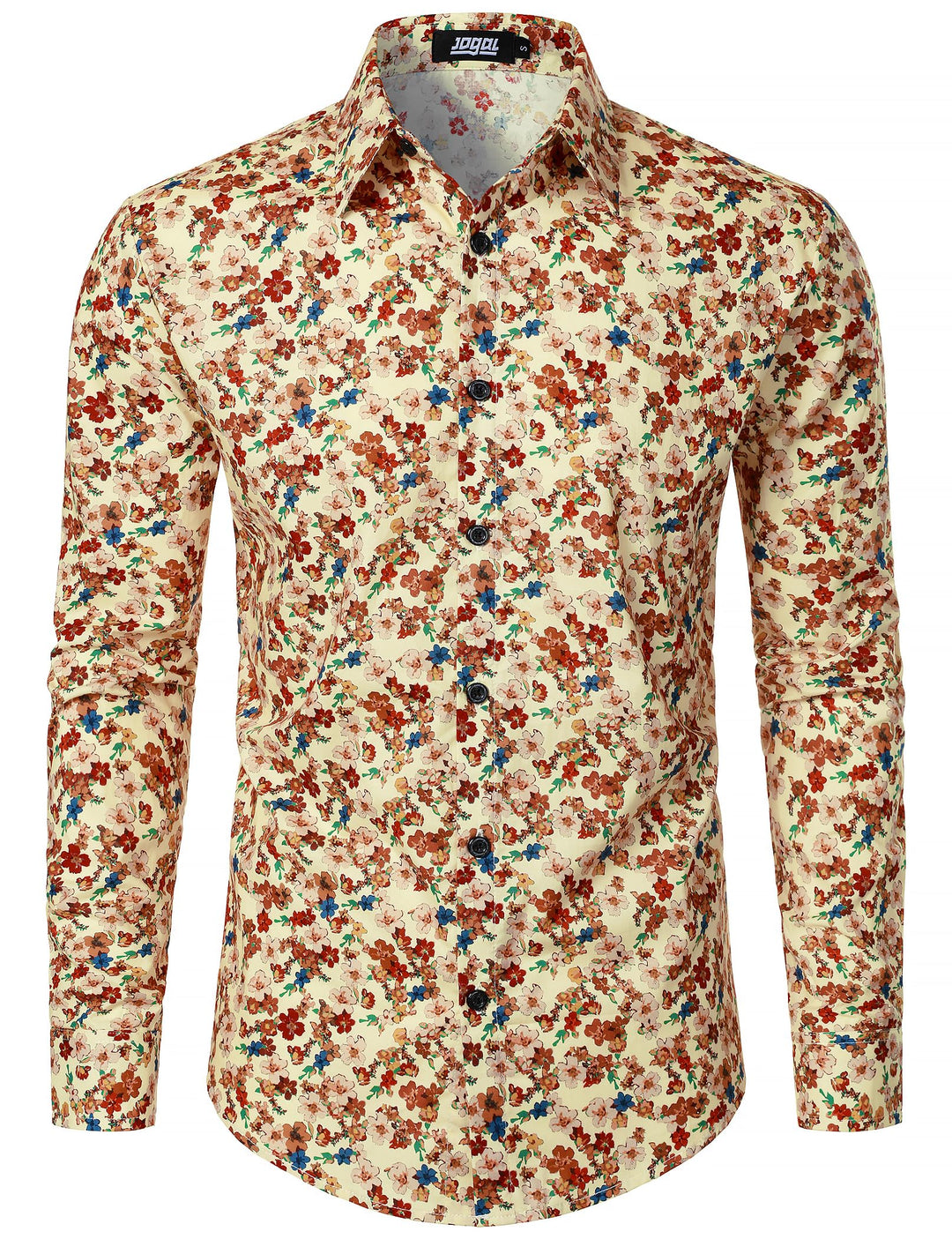 JOGAL Herren Regular Fit Floral Business Hemd Langarm Button Down Print Freizeithemd S Beige Floral,
