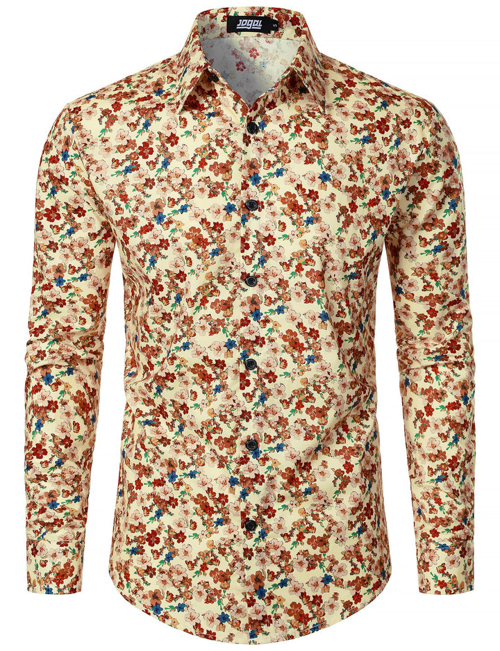 JOGAL Herren Regular Fit Floral Business Hemd Langarm Button Down Print Freizeithemd S Beige Floral,