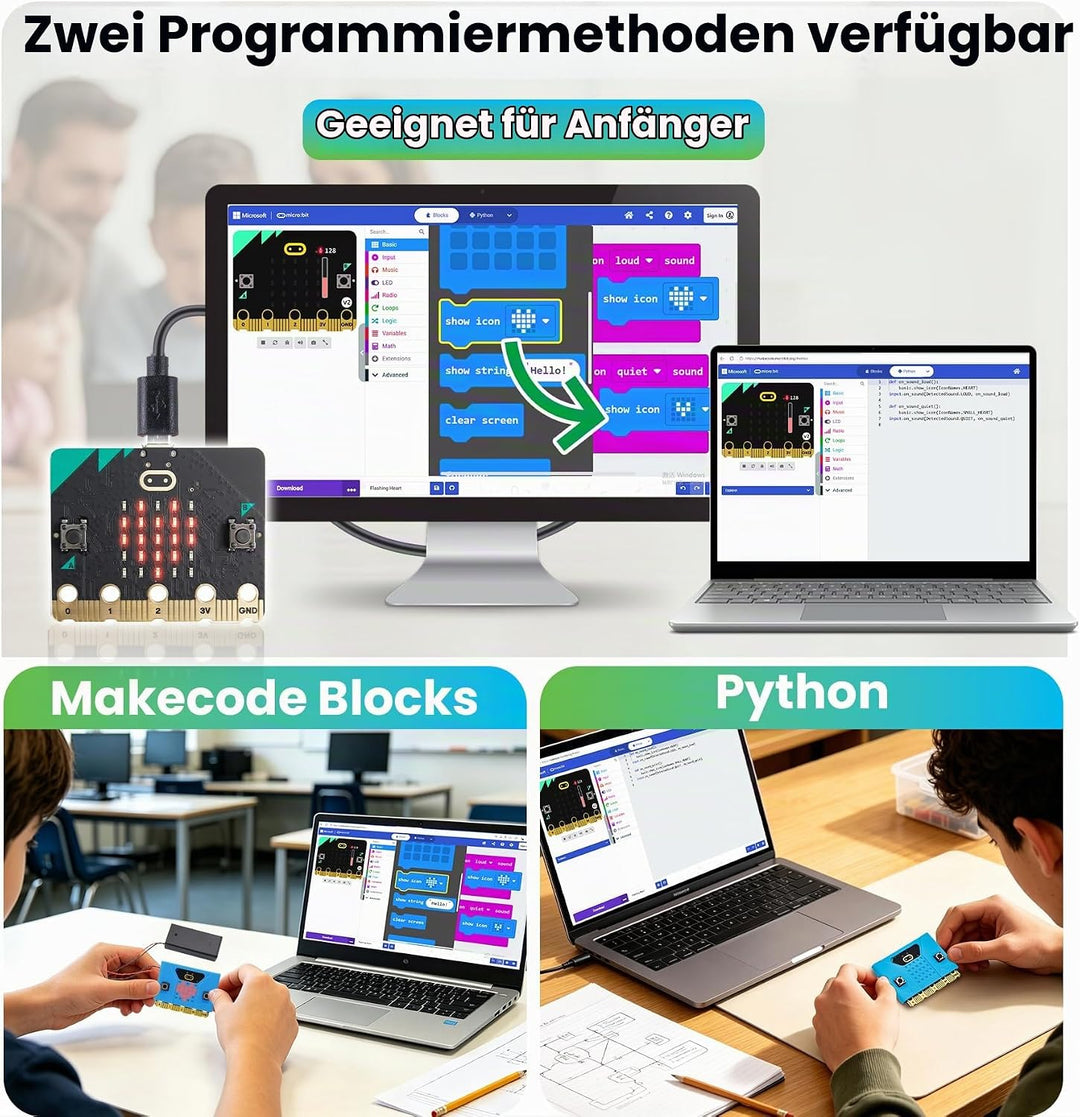 KEYESTUDIO BBC Micro:bit Basic Starter Kit mit Micro Bit V2.2, grafischer Programmierung, integriert