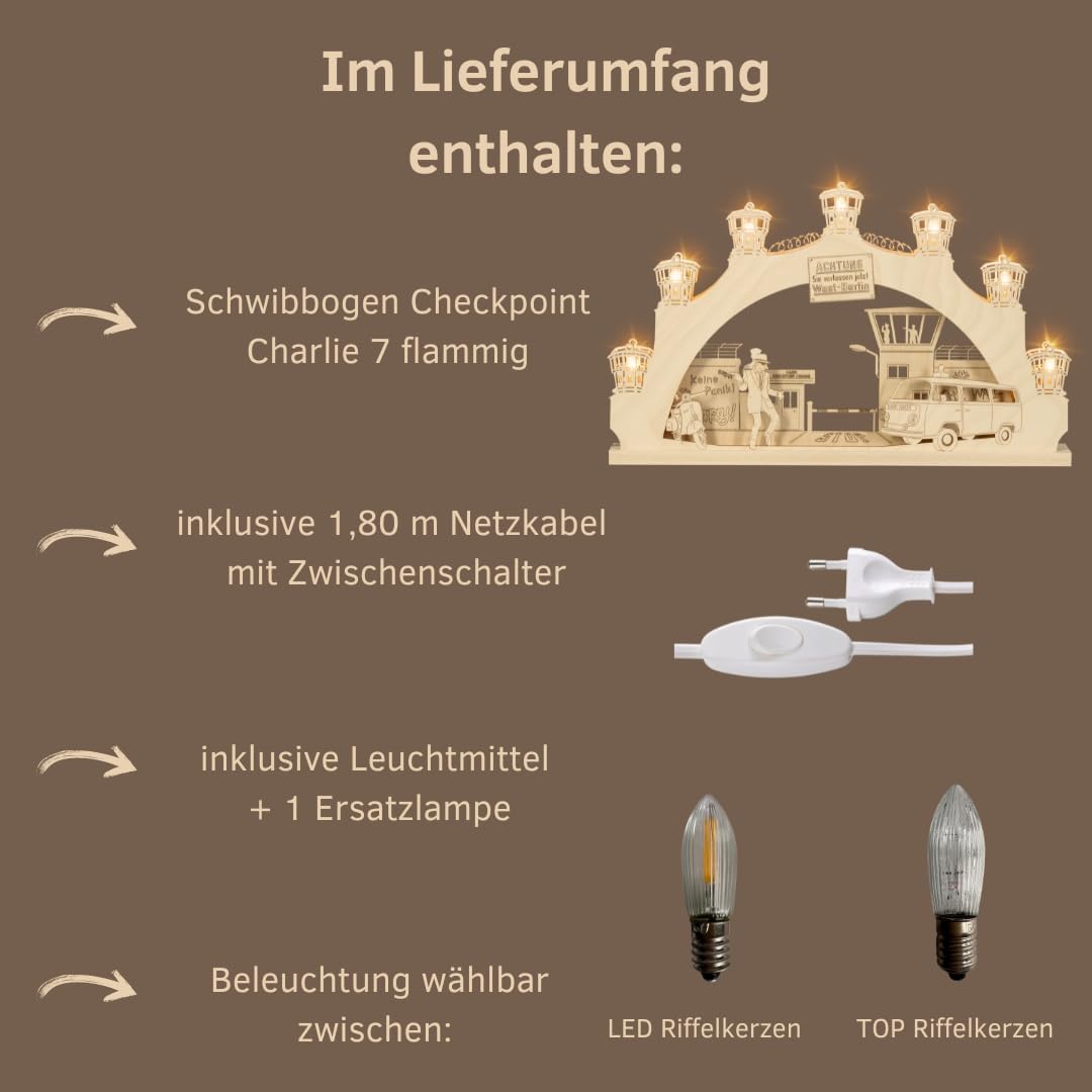 weigla - Schwibbogen 7 flg. Checkpoint Charlie - Erzgebirge original - Lichterbogen Weihnachten - 7