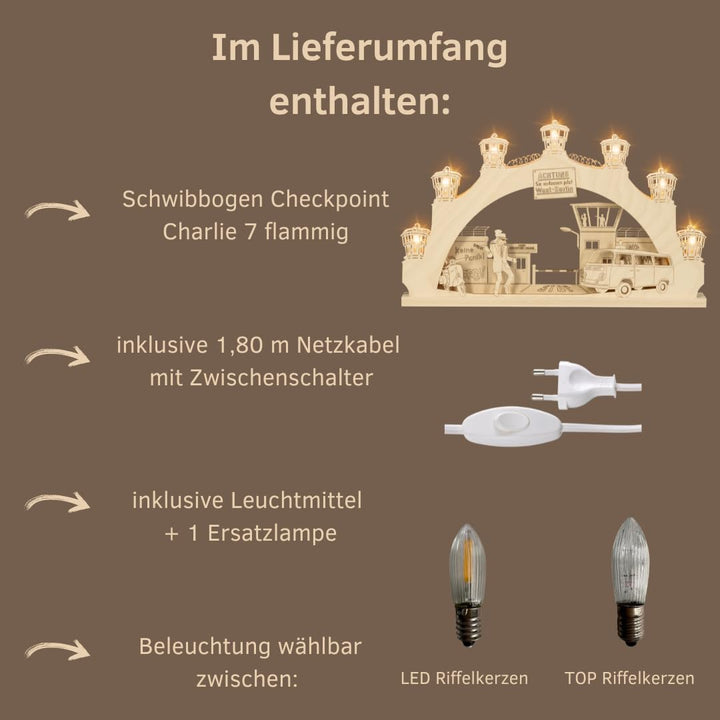 weigla - Schwibbogen 7 flg. Checkpoint Charlie - Erzgebirge original - Lichterbogen Weihnachten - 7