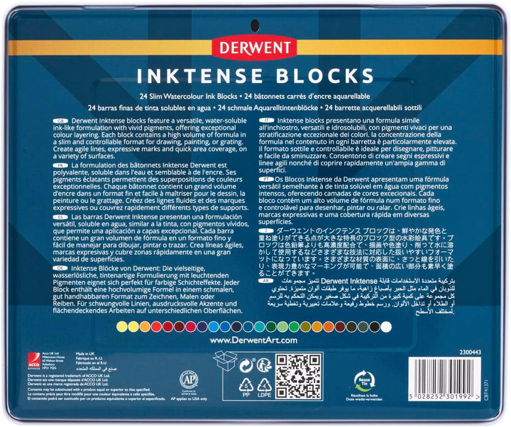 Derwent Inktense 24 Tintenblöcke, Set mit 24 Wasserfarben, Breite 8 mm, wasserlöslich, ideal zum Zei