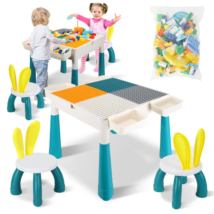 Kindertisch mit 2 stühlen mit Stauraum & 251 Bausteinen,Kinder Tisch Stuhl Set, 4-in-1 Multifunktion