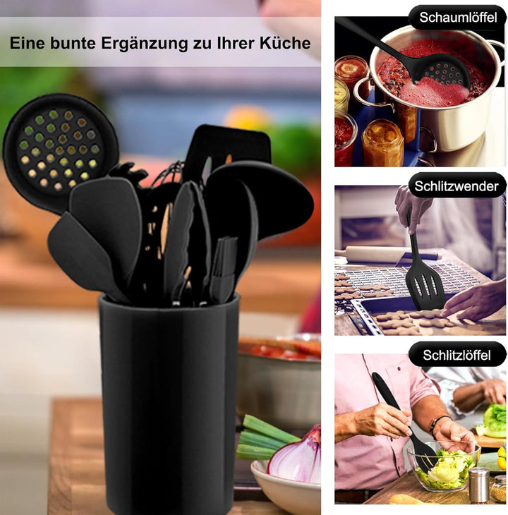 Homikit Silikon Küchenhelfer Set, 12 Stück Schwarz Kochutensilien | Hitzebeständiger Kochgeschirr, K
