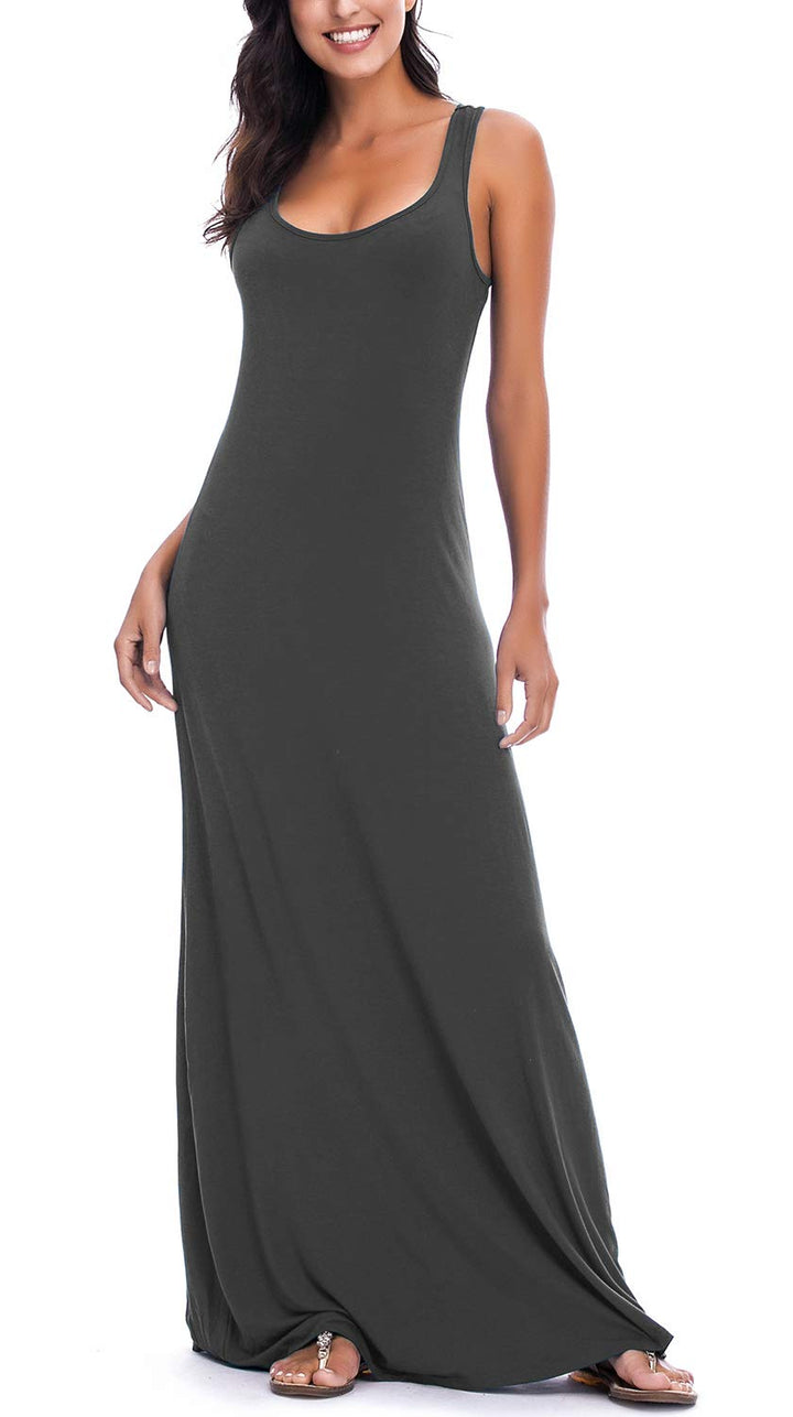 EXCHIC Damen Sommer Leichte Ärmellos Strand Maxi Kleid Elegant Elastisch Tunika Lang Kleider M Dunke