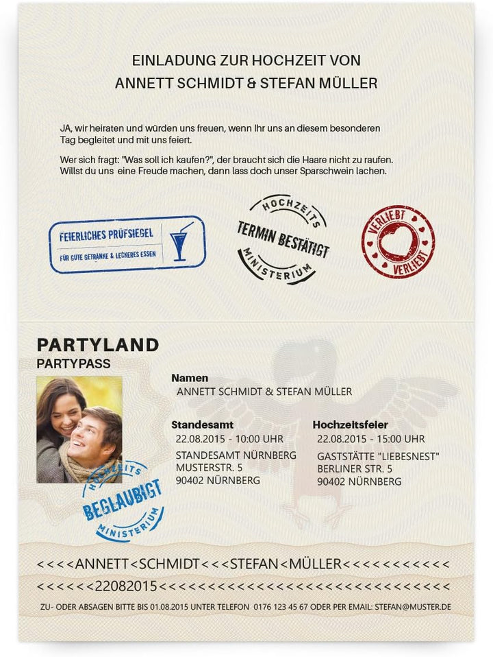 Personalisierte Hochzeitseinladungen (10-100 Stück wählbar) als Reisepass Ausweis Partypass Einladun