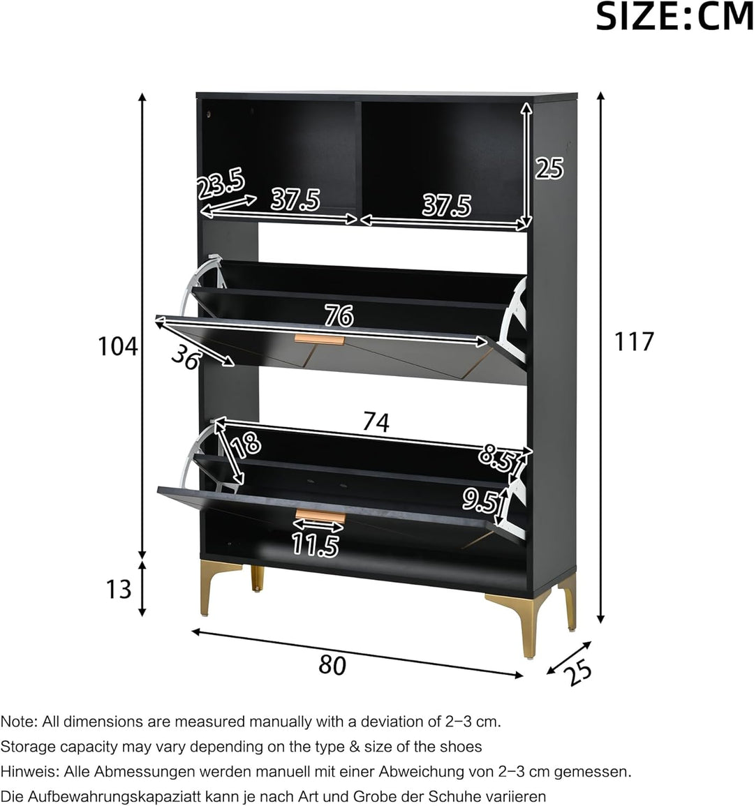 ModernLuxe Schuhschrank Schwarz mit 2 Klapptüren, 4-Fächer Schuhkommode 80×25×117 cm mit Halboffenen