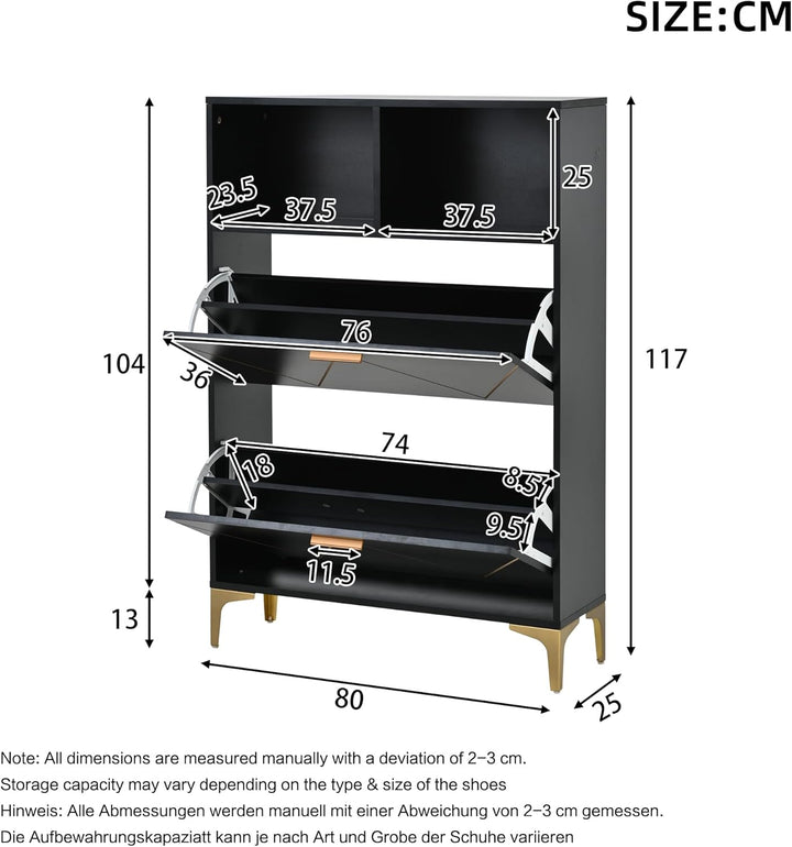 ModernLuxe Schuhschrank Schwarz mit 2 Klapptüren, 4-Fächer Schuhkommode 80×25×117 cm mit Halboffenen