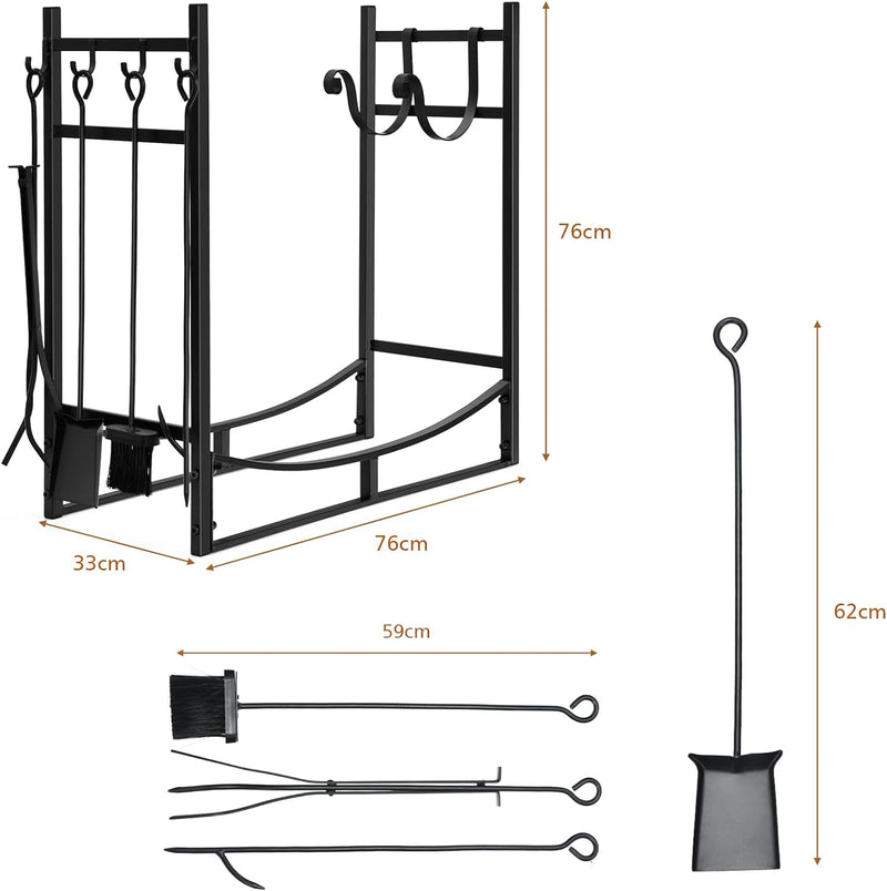 COSTWAY Kaminholzregal mit 4 tlg. Kaminbesteck Set, Brennholzregal Metall Kaminholzständer Kaminzube