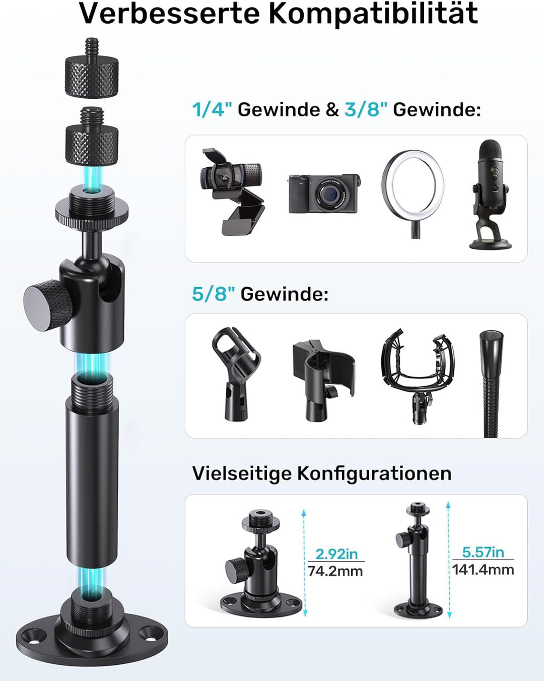 Mikrofon-Wandhalterung mit Kugelkopf – 180° und 360° Schwenkbar, 5/8„-27 Mikrofonflanschhalterung mi