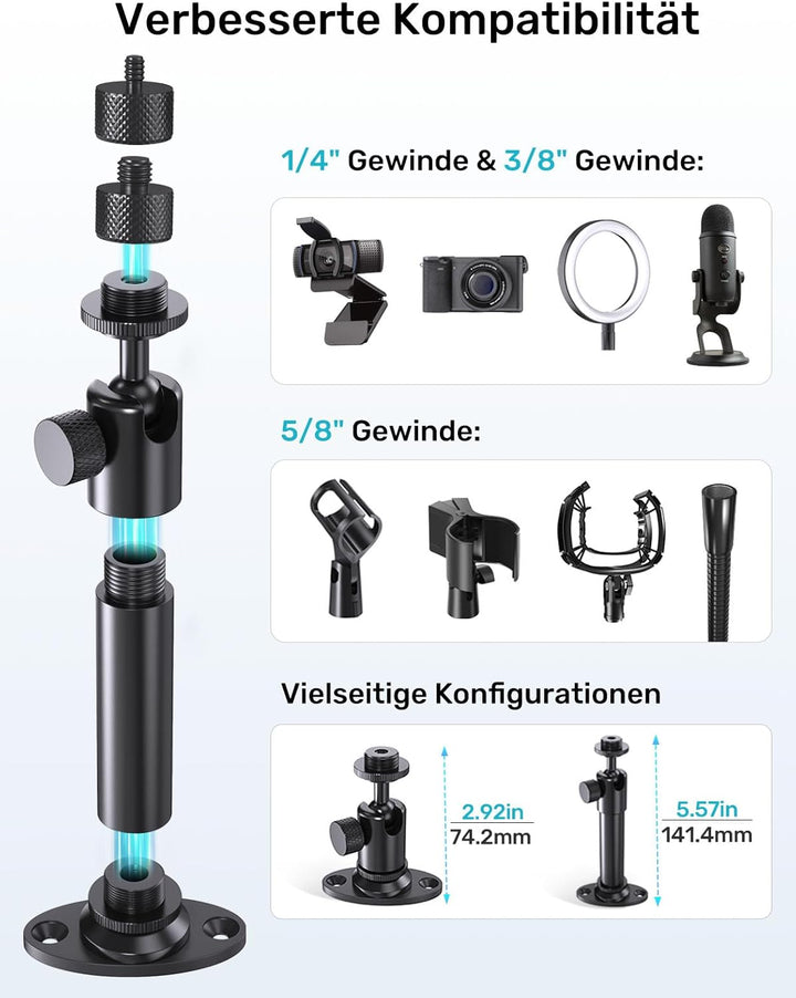 Mikrofon-Wandhalterung mit Kugelkopf – 180° und 360° Schwenkbar, 5/8„-27 Mikrofonflanschhalterung mi
