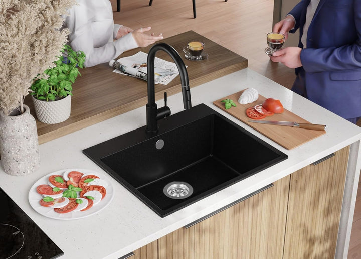 Spülbecken Schwarz 58x50 cm, Granitspüle 1 Becken + Ablauf-Set + Küchenarmatur, Küchenspüle ab 60er
