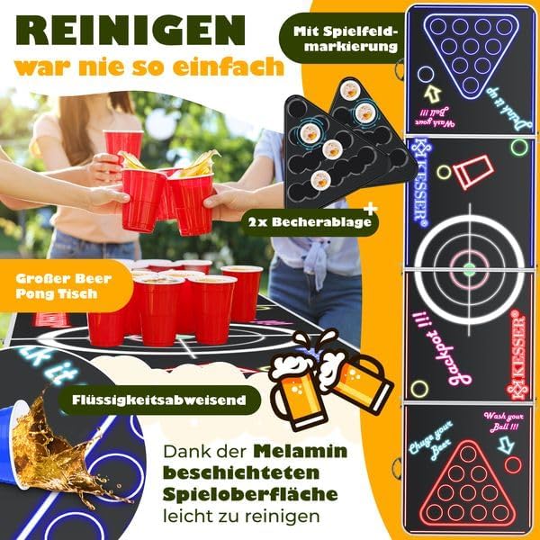 KESSER® Bier Pong Tisch Set mit Kartenspiel Trinkspiel LED-Action inkl. 100 Becher (50 Rot & 50 Blau
