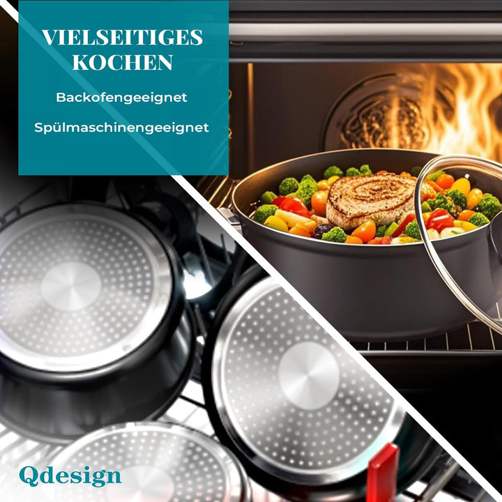 QDESIGN BLACK+ 2er-Set PFOA-freie, antihaftbeschichtete Aluminium-Kasserollen + 2 Glasdeckel – für a