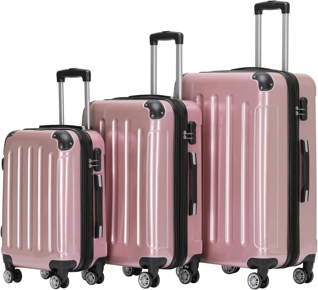 BEIBYE Hartschalen Koffer Trolley Rollkoffer Reisekoffer 4 Zwillingsrollen Polycabonat (Rosa Gold, K