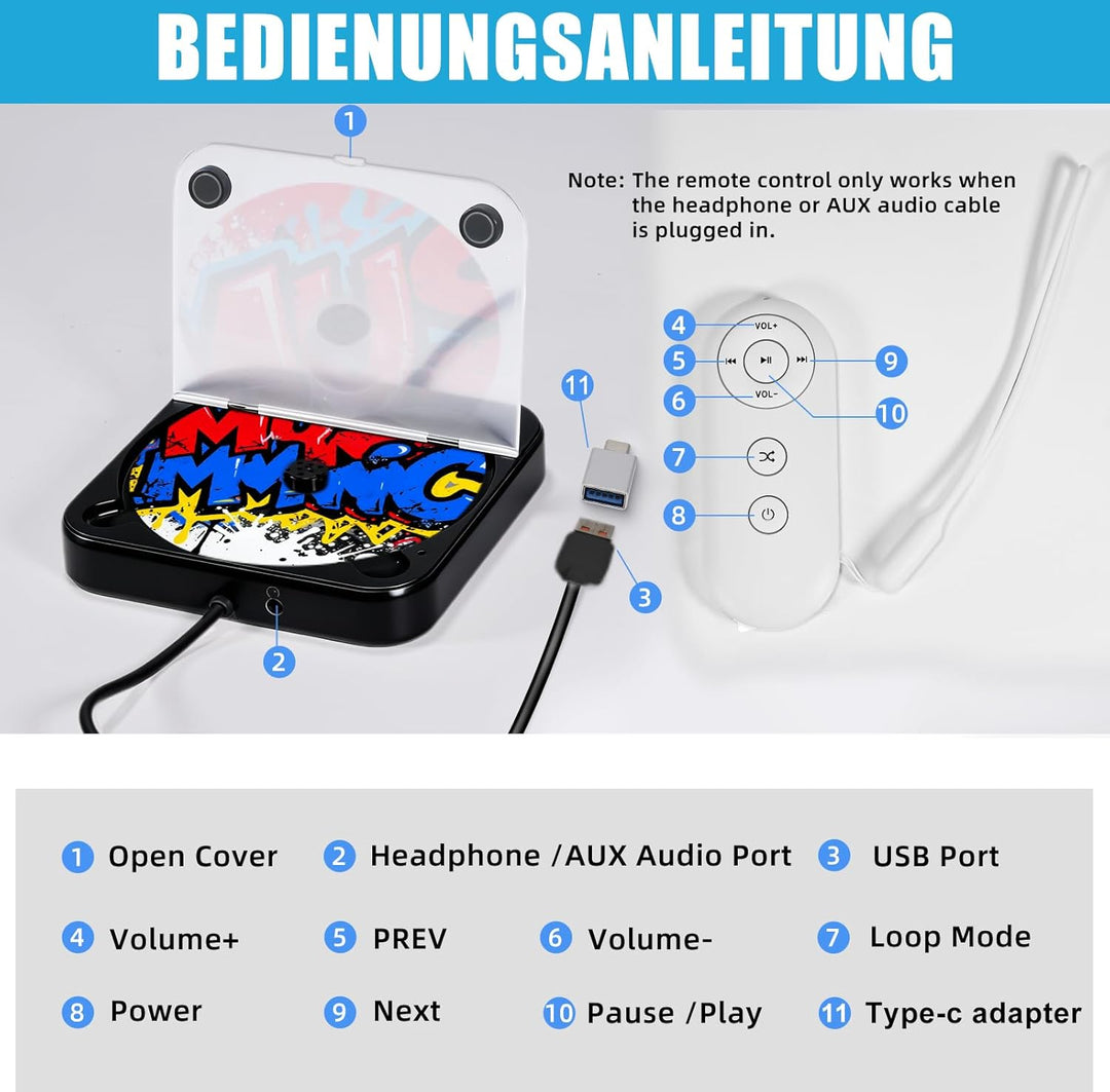 CD Player für Auto, Externer Universal Auto CD Player mit USB/AUX-Anschluss, Plug & Play, Anti-Skip-